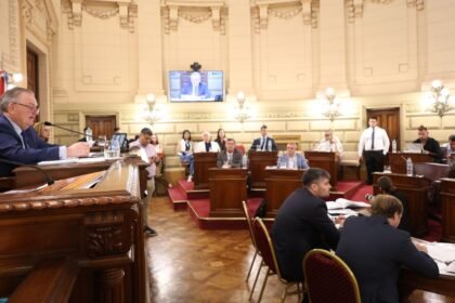Felipe Michlig en sesión del Senado de Santa Fe destacando la aprobación de leyes con consenso político