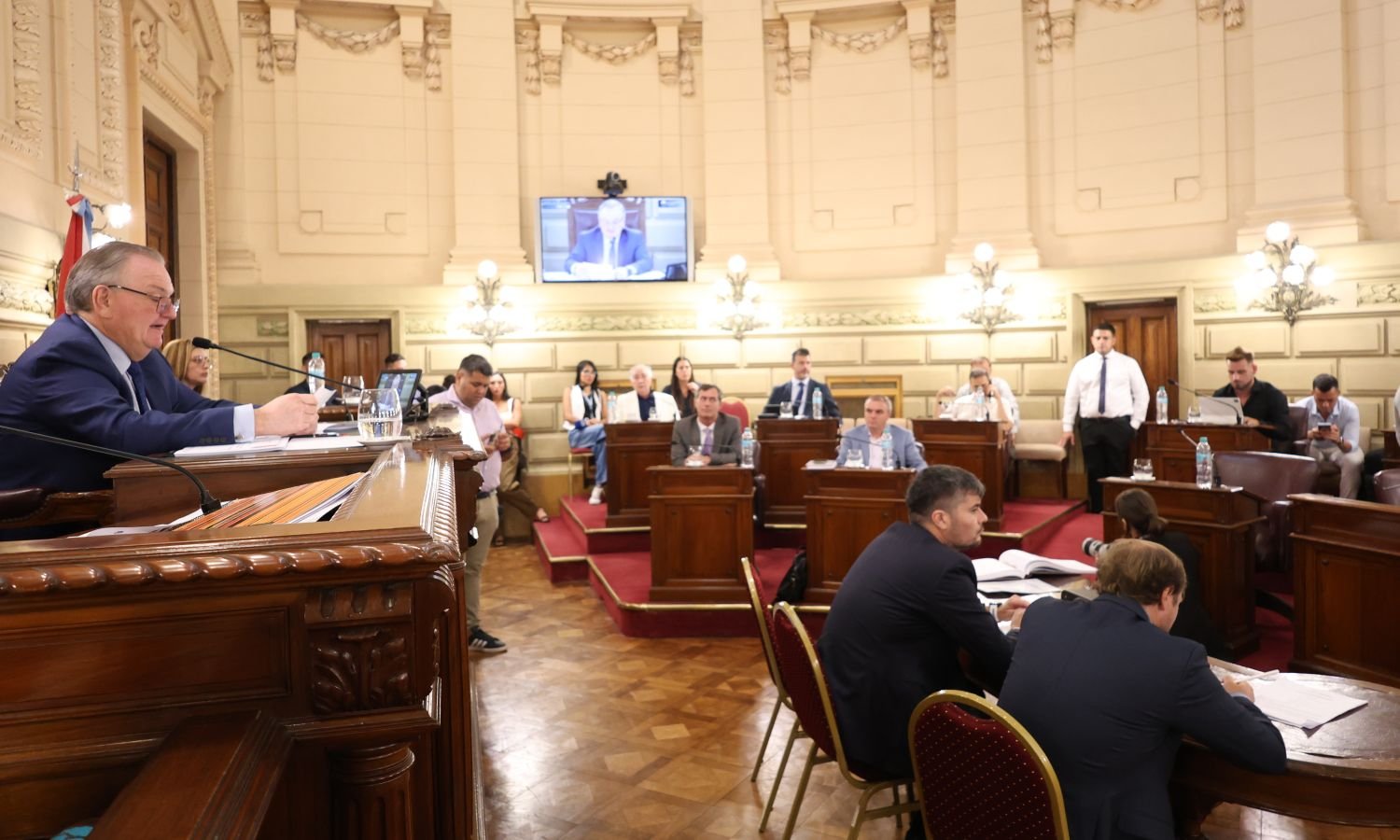 Felipe Michlig en sesión del Senado de Santa Fe destacando la aprobación de leyes con consenso político