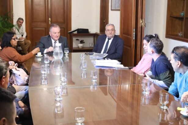 Senadores Felipe Michlig y Alcides Calvo reunidos con trabajadores de la empresa Láctea Verónica en la Sala de Reuniones del Senado.