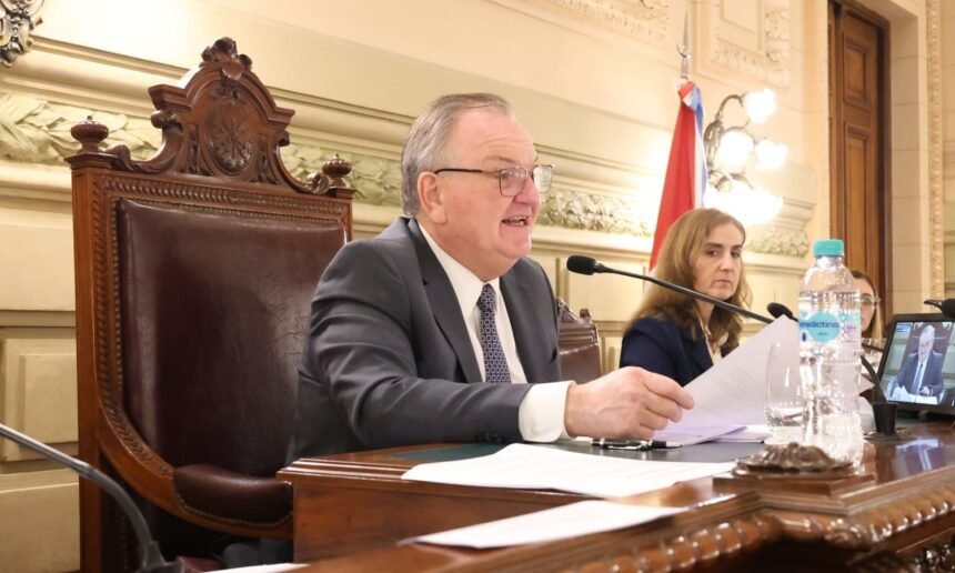 Senador Felipe Michlig durante la sesión del Senado presentando el pedido de informe sobre planes de viviendas.